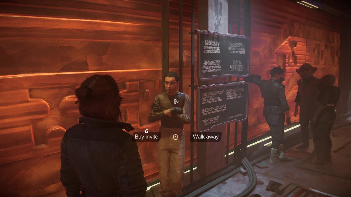 Star Wars Outlaws how to get into Gorak's suite: Kay Vess talking to a man leaning against a red wall.
