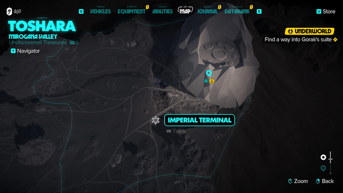 Image of the map in Star Wars Outlaws, highlighting the Imperial Terminal location.