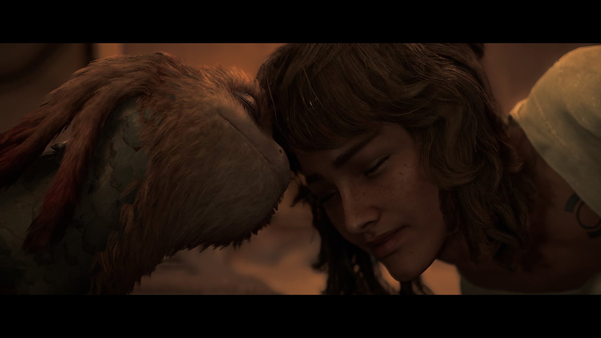 Image of Kay Vess and Nix lovingly touching heads in Star Wars Outlaws.