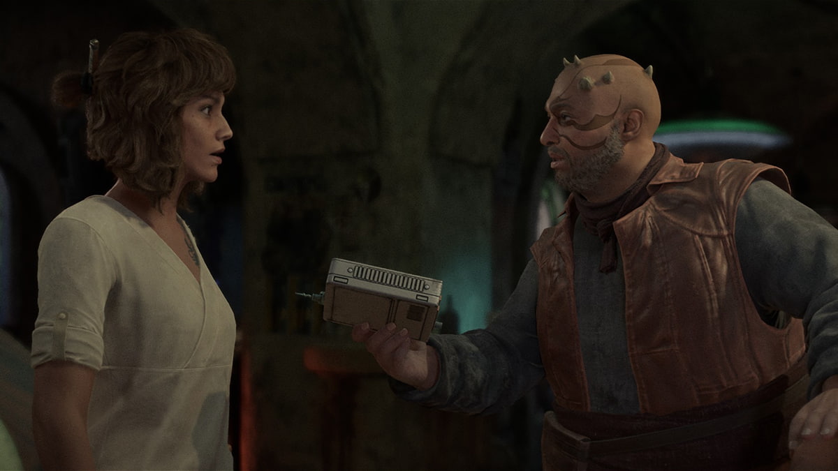 Image of Kay in Star Wars Outlaws cutscene, accepting a mission receiver from her friend.