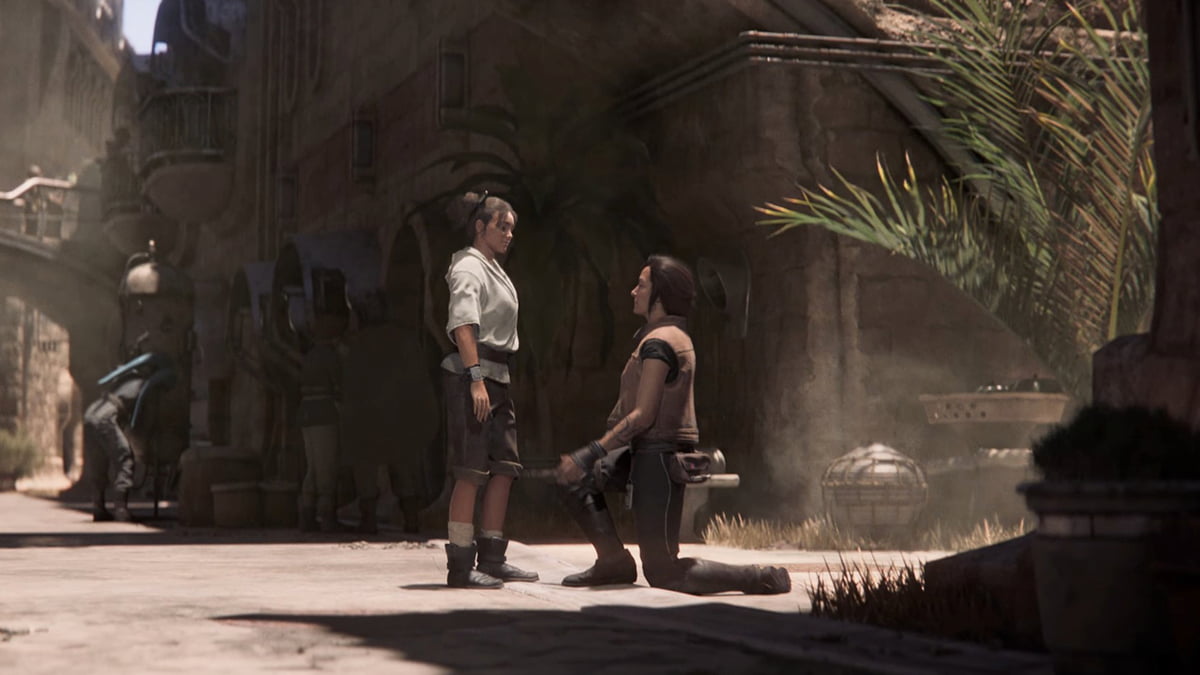Image of younger Kay Vess with her mother on the street in Canto Bight, from Star Wars Outlaws.