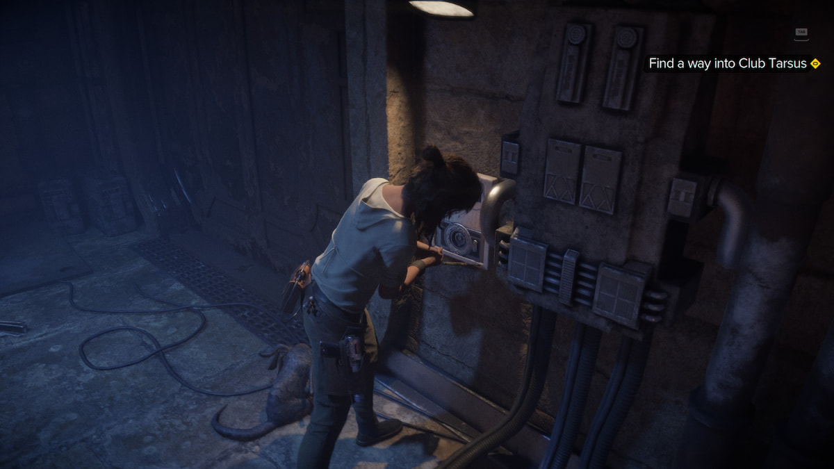 Image of Kay picking a lock in Canto Bight in Star Wars Outlaws.