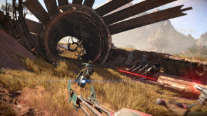 Star Wars Outlaws multiplayer: Kay riding a speeder through wreckage.