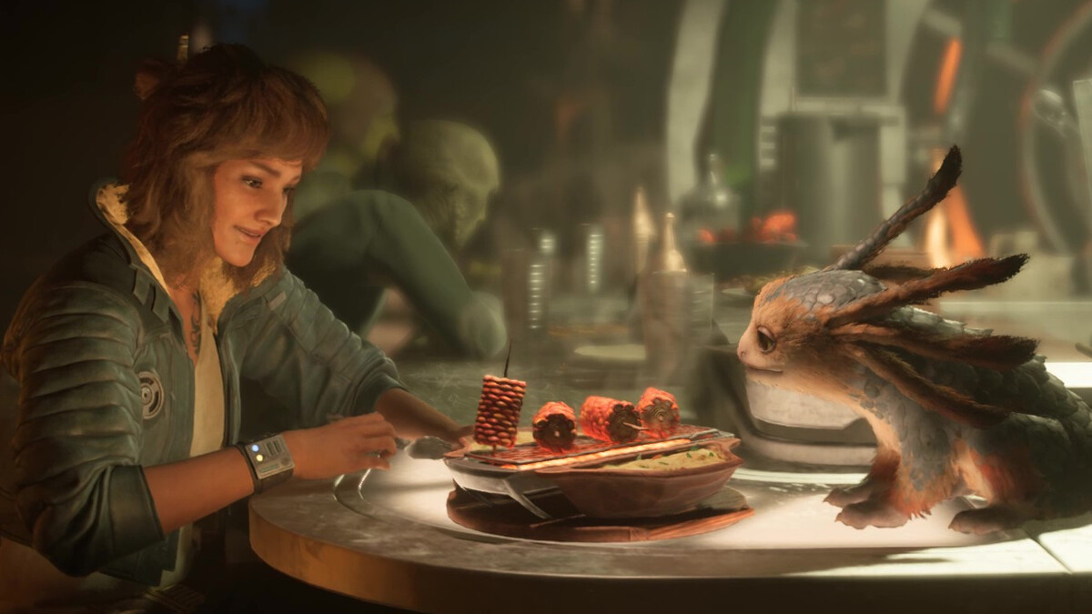 How to make Nix happy in Star Wars Outlaws: Kay and Nix eating street food.