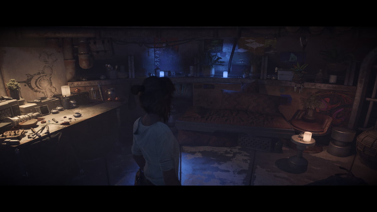 In-game image in Star Wars Outlaws with Cinematic Display Mode turned on.