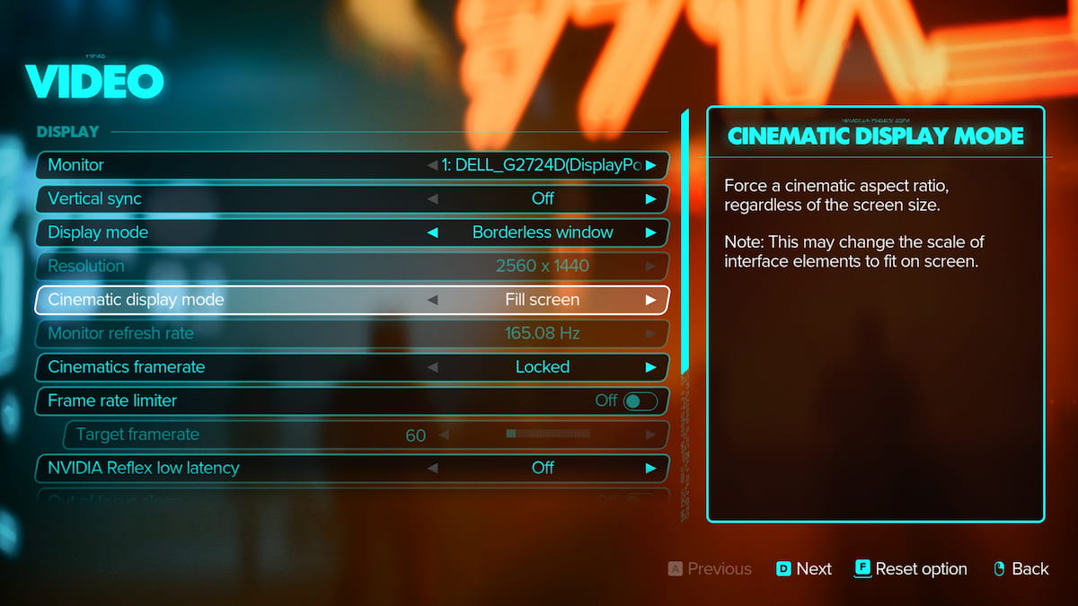In-game image in Star Wars Outlaws settings menu with Cinematic Display Mode turned off.