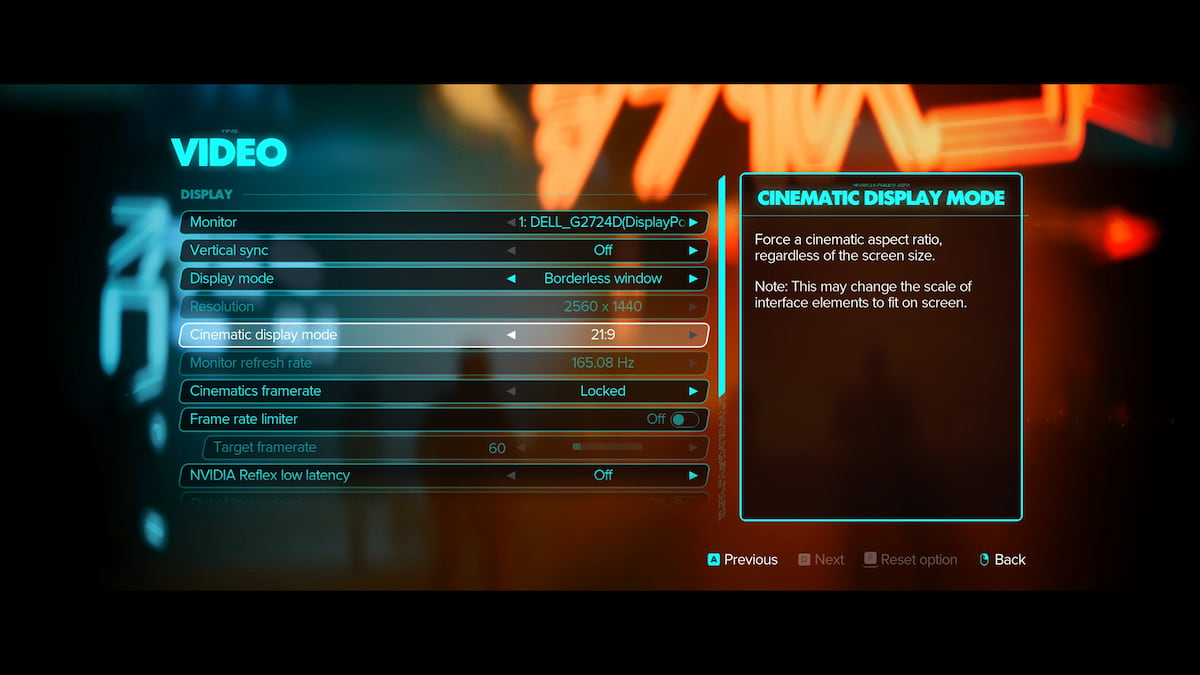 In-game image in Star Wars Outlaws settings menu with Cinematic Display Mode turned on.