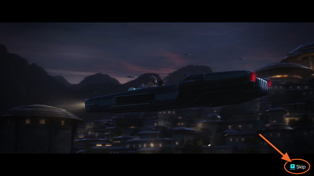 Cutscene image of a hovering vehicle flying over a night-time city in Star Wars Outlaws.