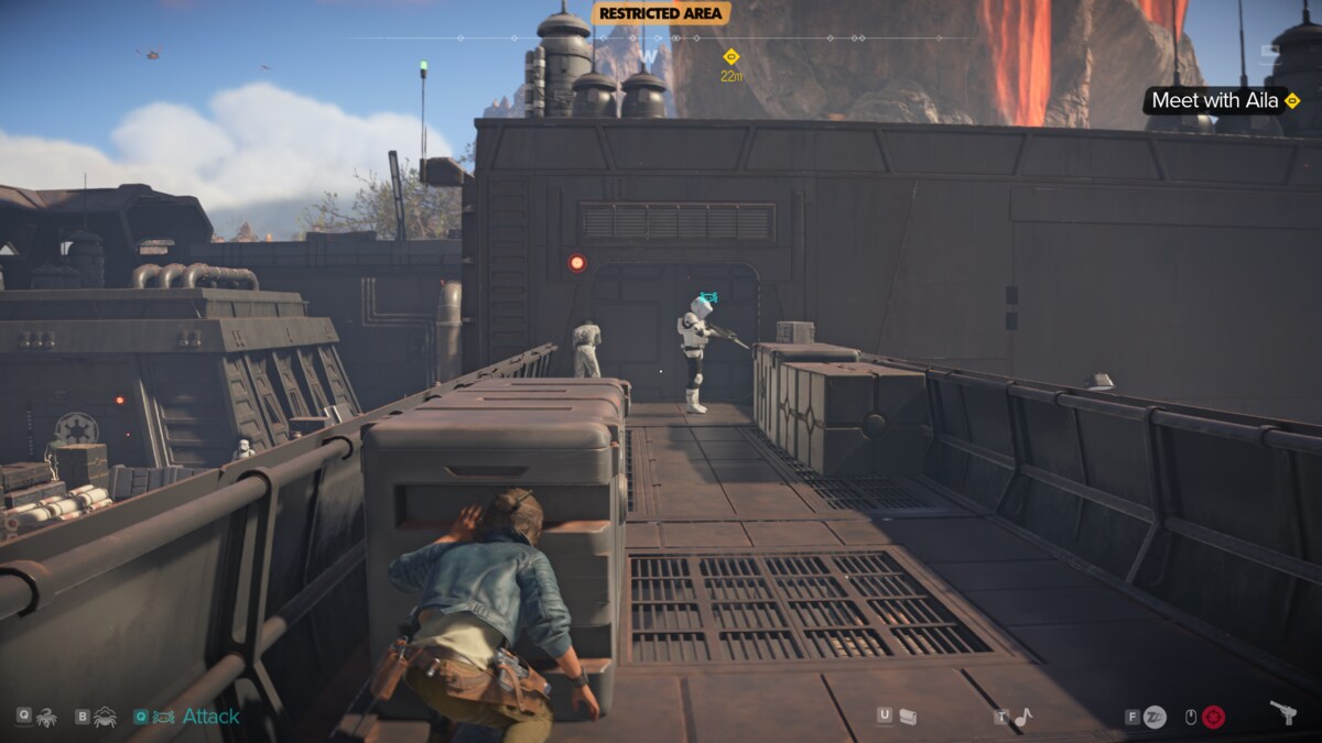 Star Wars Outlaws slicing kit: Kay exploring the Imperial Forward Base.