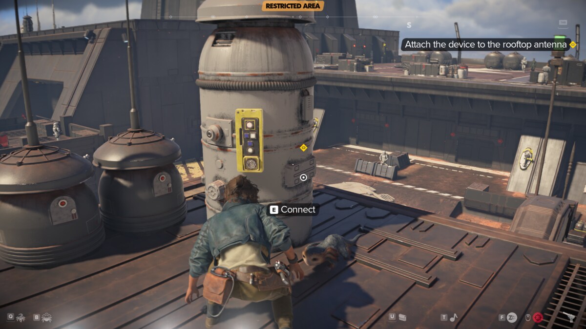 Star Wars Outlaws slicing kit: Kay exploring the Imperial Forward Base.