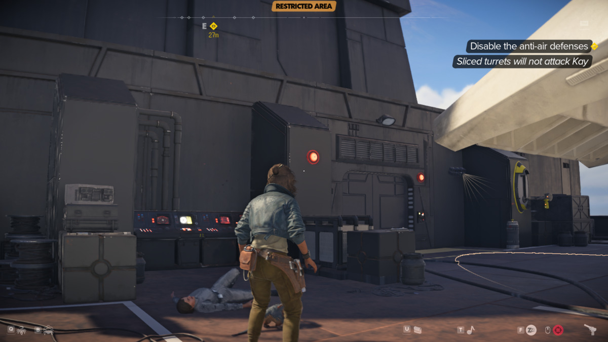Star Wars Outlaws slicing kit: Kay exploring the Imperial Forward Base.
