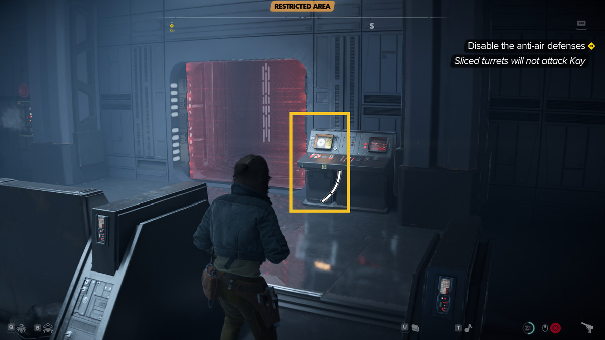 Star Wars Outlaws slicing kit: Kay exploring the Imperial Forward Base.