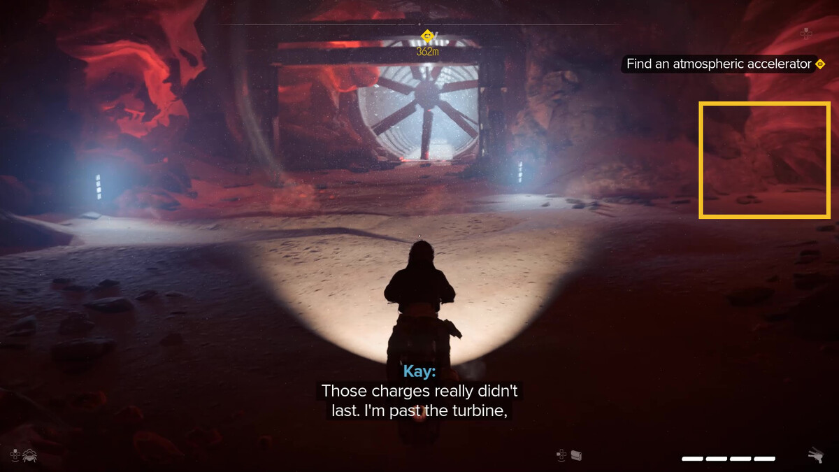 Star Wars Outlaws speed boost: Kay exploring the Imperial wind harvester.