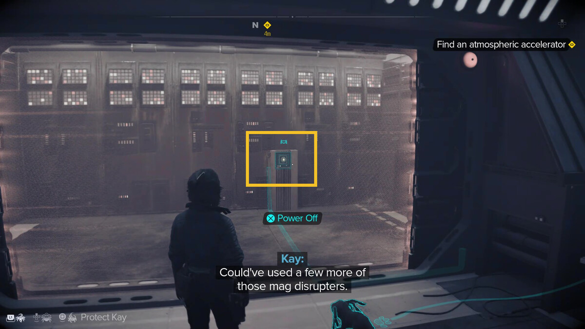 Star Wars Outlaws speed boost: Kay exploring the Imperial wind harvester.