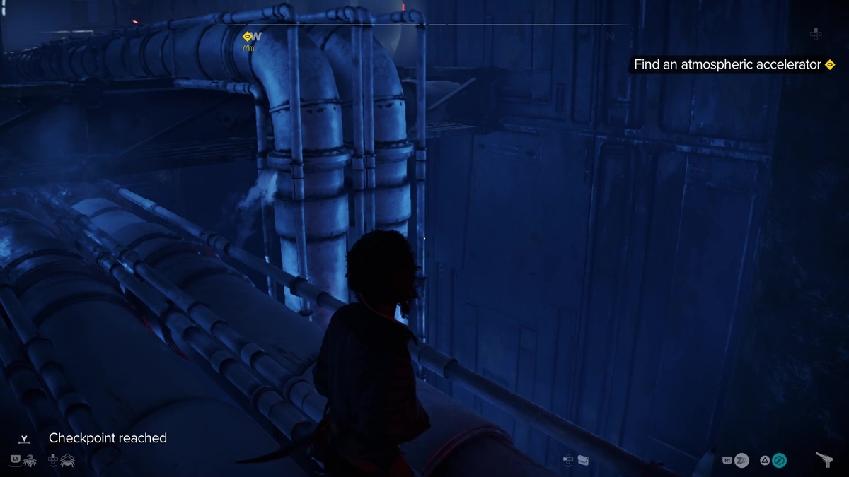 Star Wars Outlaws speed boost: Kay exploring the Imperial wind harvester.