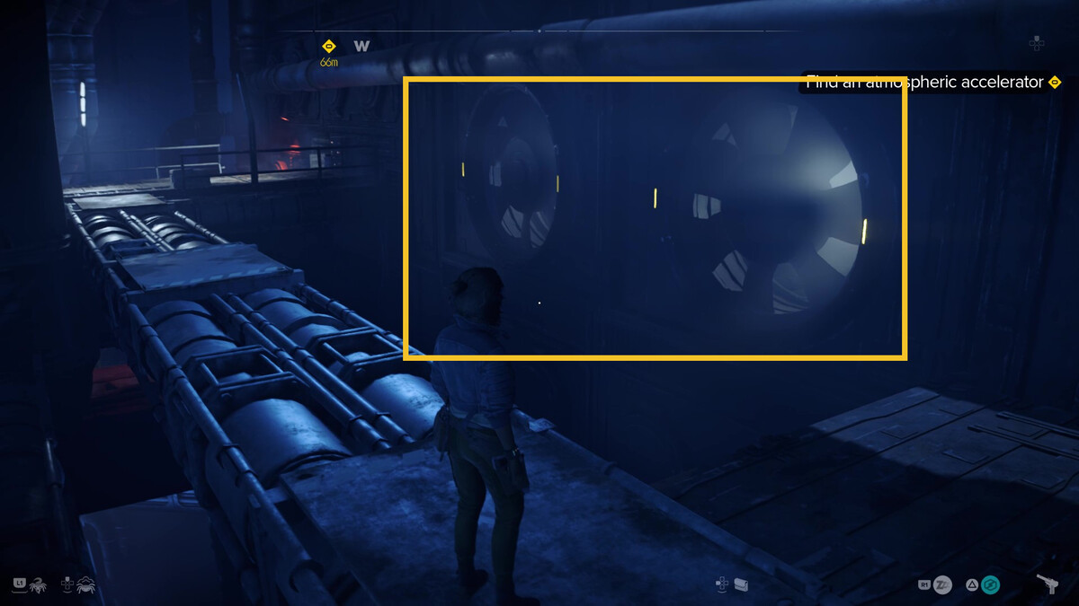 Star Wars Outlaws speed boost: Kay exploring the Imperial wind harvester.