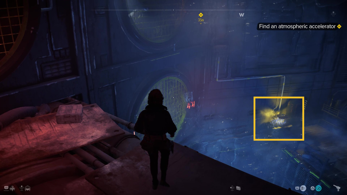 Star Wars Outlaws speed boost: Kay exploring the Imperial wind harvester.