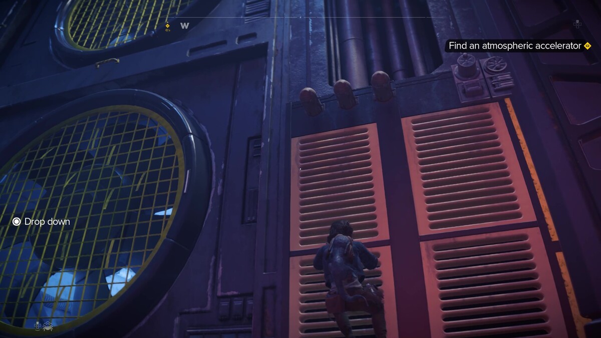 Star Wars Outlaws speed boost: Kay exploring the Imperial wind harvester.