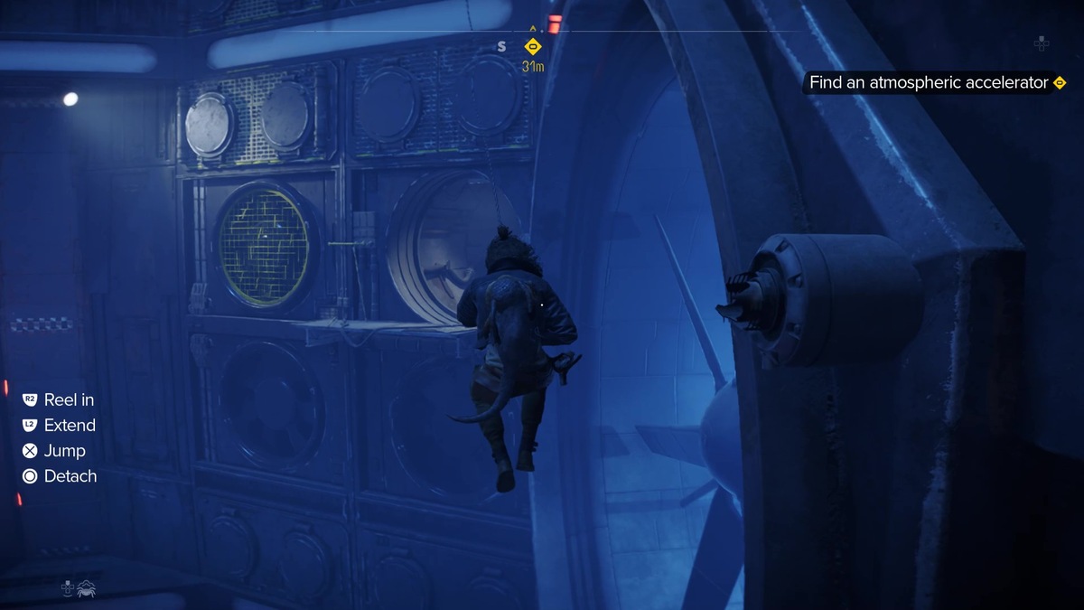 Star Wars Outlaws speed boost: Kay exploring the Imperial wind harvester.
