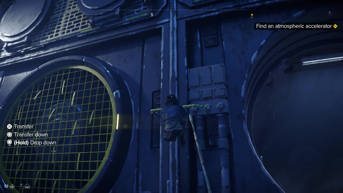 Star Wars Outlaws speed boost: Kay exploring the Imperial wind harvester.