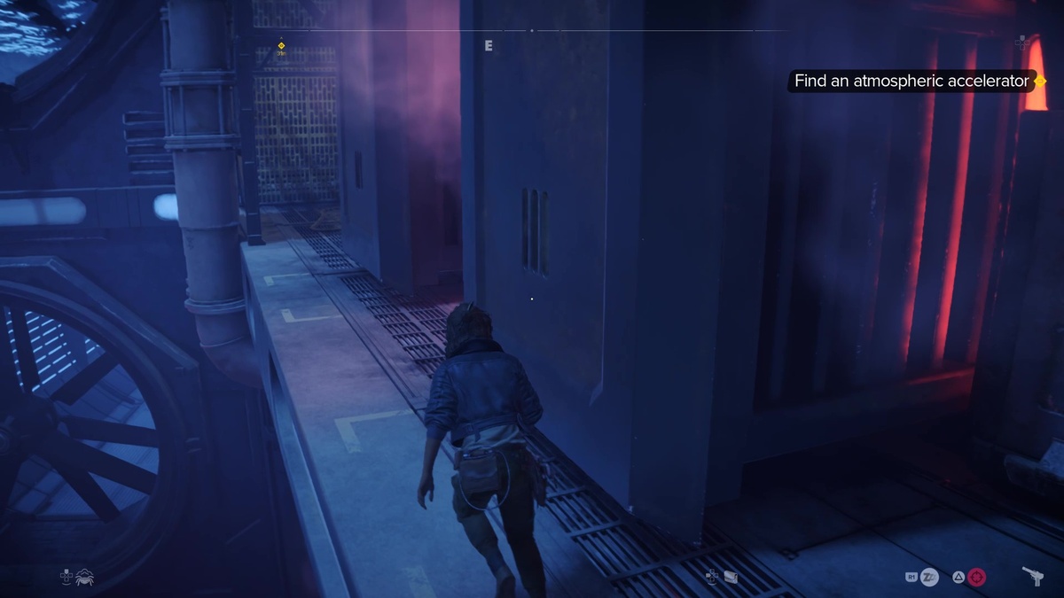 Star Wars Outlaws speed boost: Kay exploring the Imperial wind harvester.