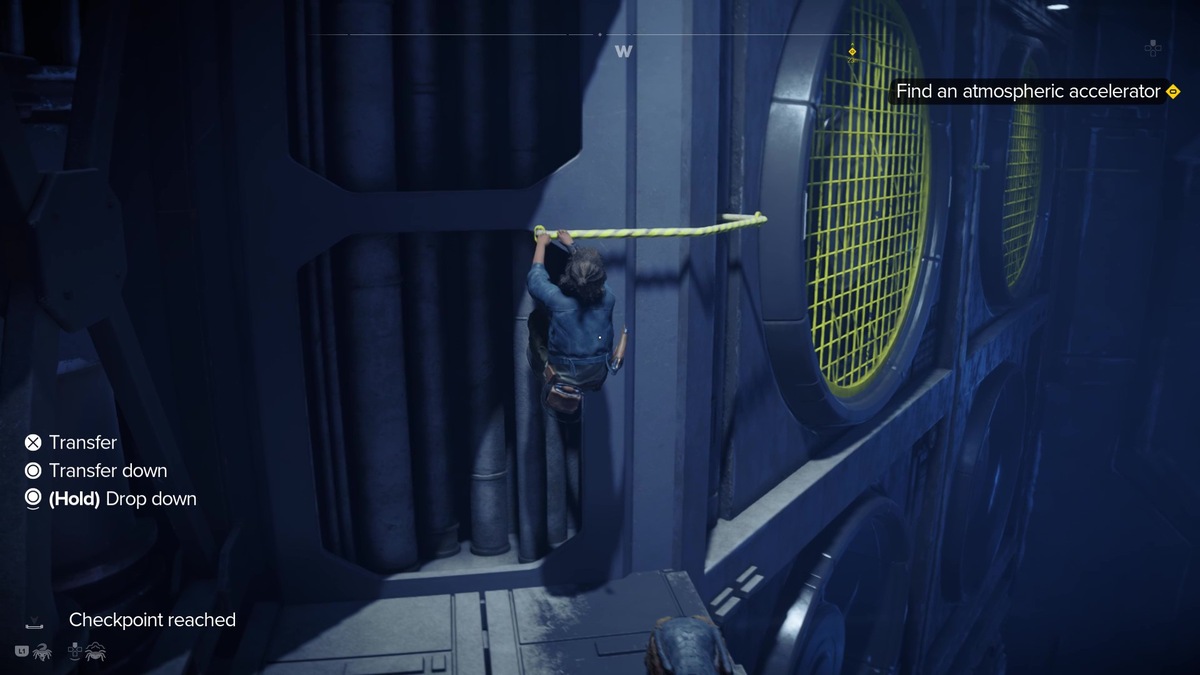 Star Wars Outlaws speed boost: Kay exploring the Imperial wind harvester.
