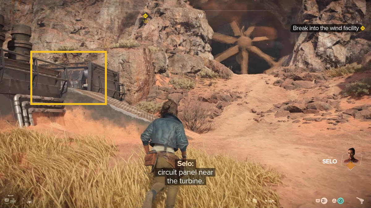Star Wars Outlaws speed boost: Kay exploring the Imperial wind harvester.