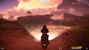 Star Wars Outlaws speed boost: Kay riding the speeder on Toshara.