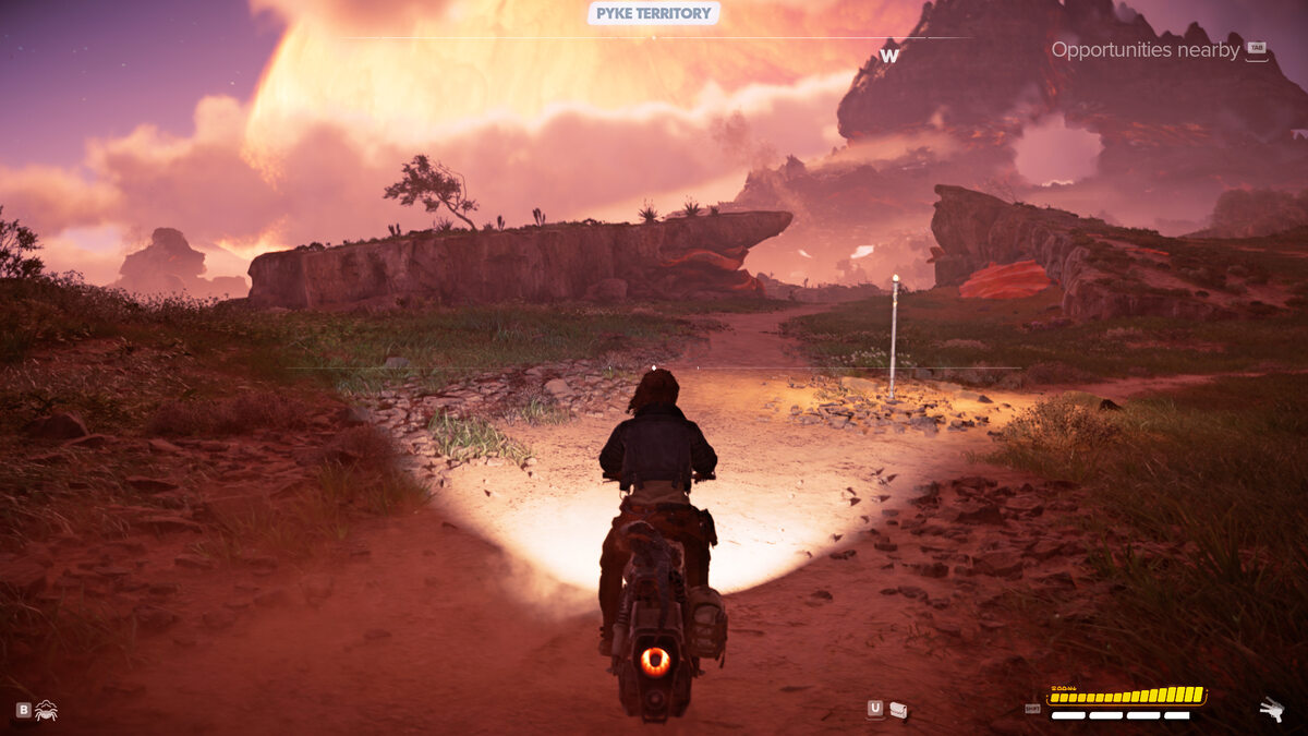 Star Wars Outlaws speed boost: Kay riding the speeder on Toshara.