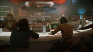 Image of Kay sitting at a bar on Toshara in Star Wars Outlaws.
