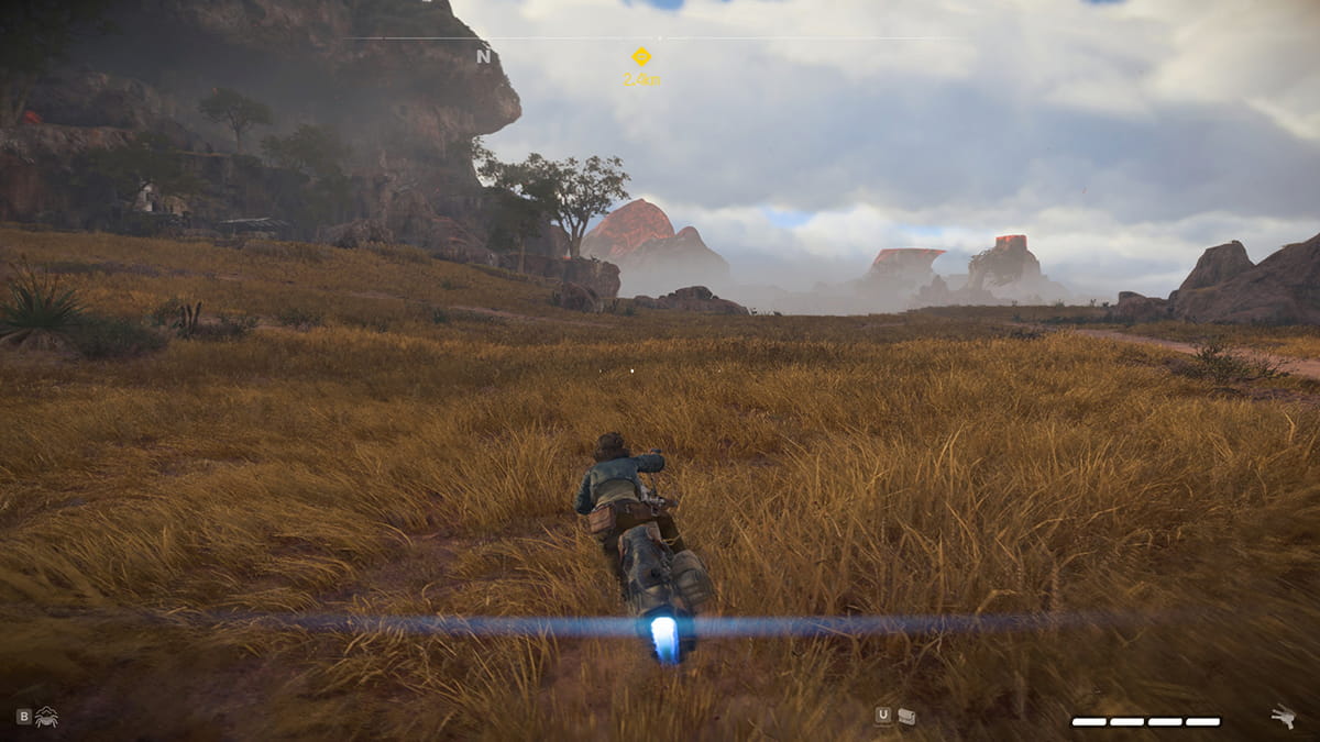 Image of the character riding a bike across grasslands on Toshara in Star Wars Outlaws.