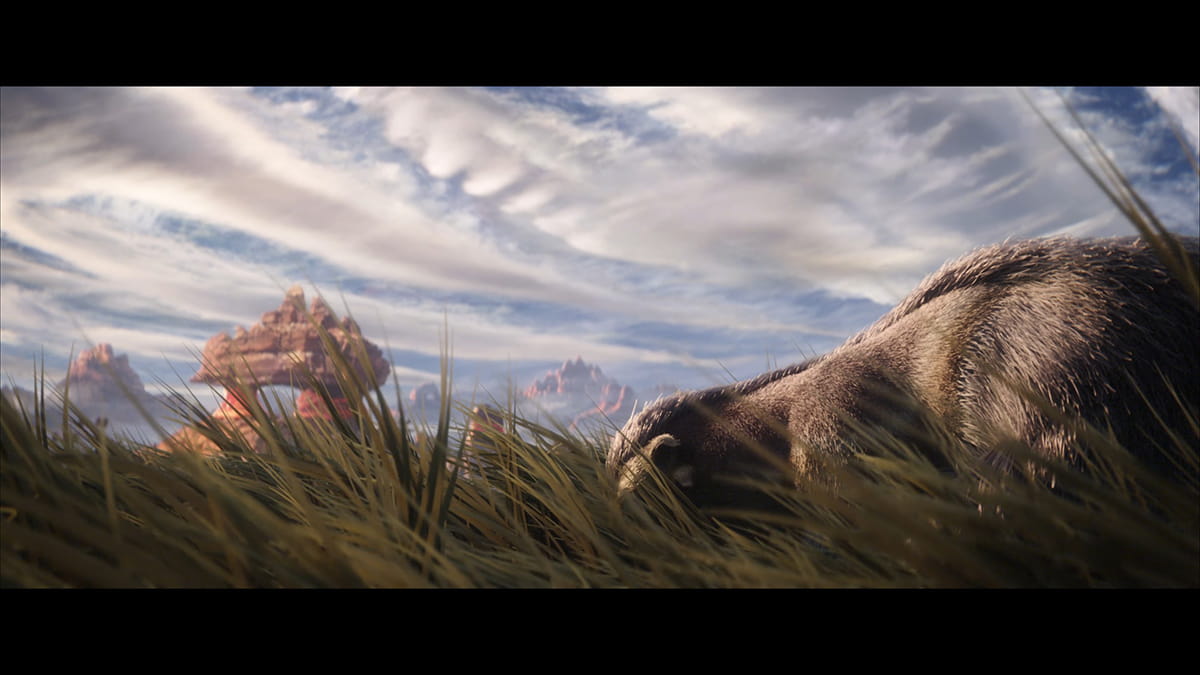 Cinematic image of Toshara in Star Wars Outlaws, with an alien animal grazing in grass fields.