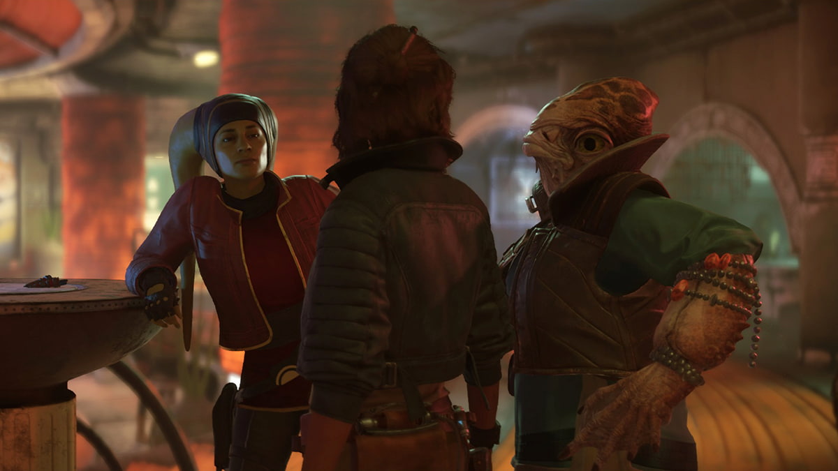 Image of Kay speaking to two alien characters in Star Wars Outlaws.