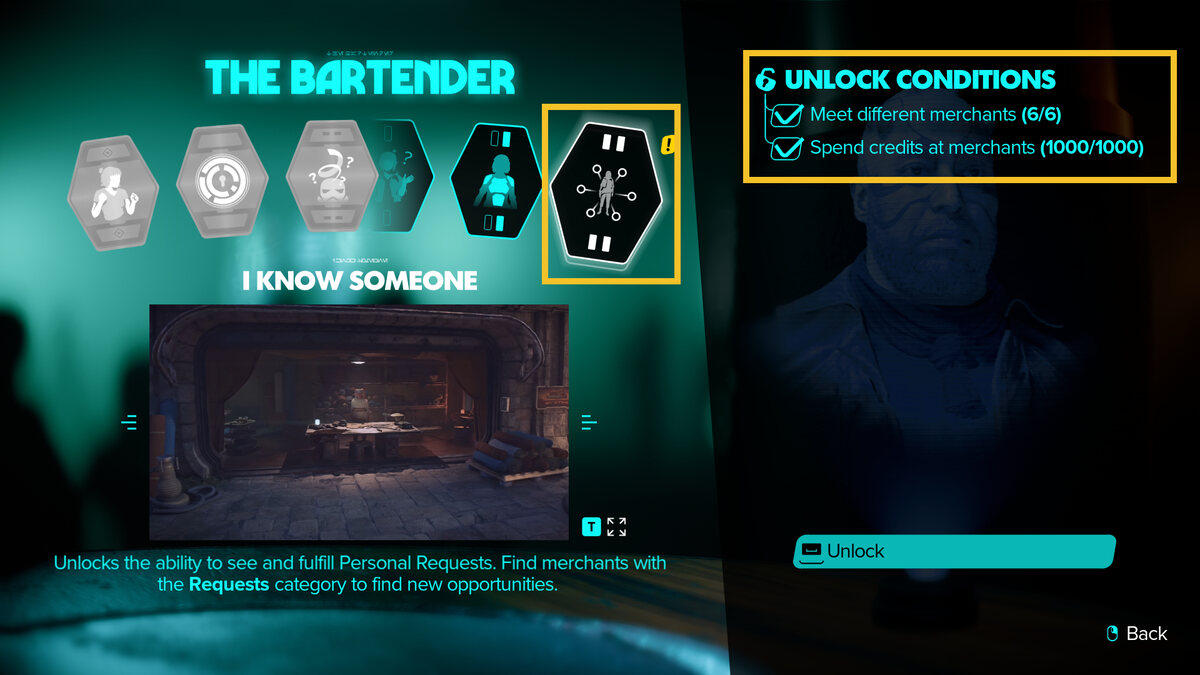 Star Wars Outlaws unlock Requests at merchants: in-game expert ability menu.