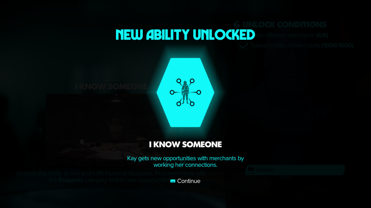 Star Wars Outlaws unlock Requests at merchants: new ability unlock screen.
