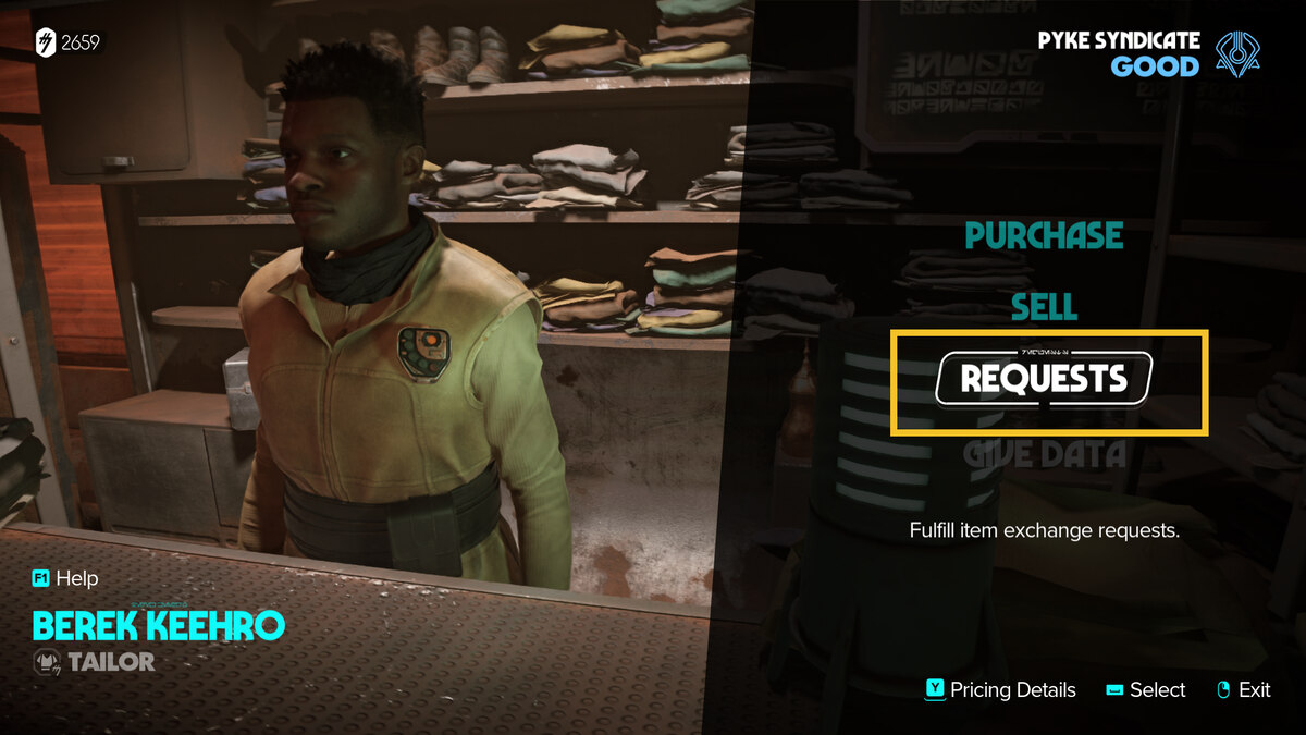 Star Wars Outlaws unlock Requests at merchants: in-game merchant menu.