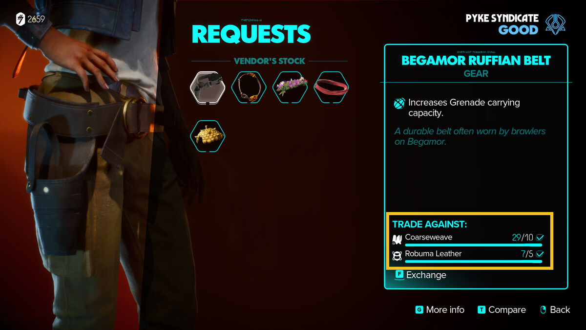 Star Wars Outlaws unlock Requests at merchants: in-game merchant menu.