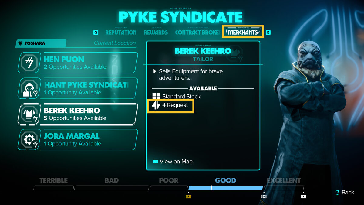 Star Wars Outlaws unlock Requests at merchants: in-game merchant menu.