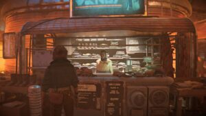 Star Wars Outlaws unlock Requests at merchants: Kay near a merchant in Morigana.