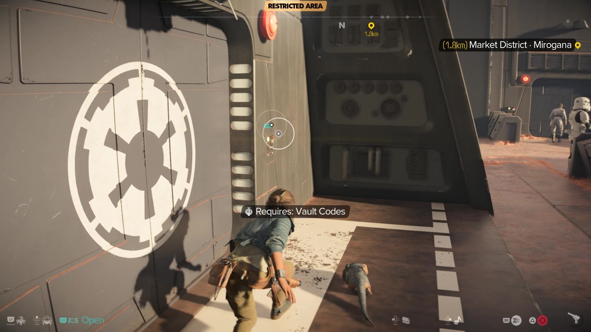 Star Wars Outlaws Vault Code: Kay exploring the Imperial Forward Base.