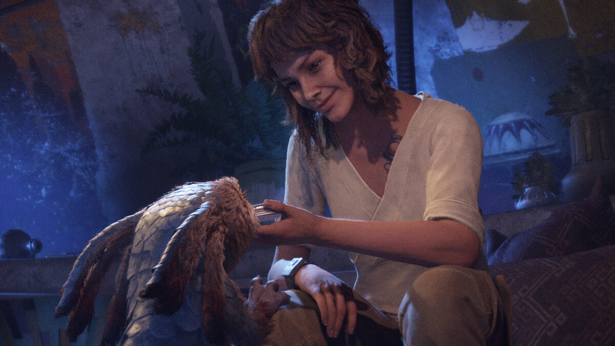 Star Wars Outlaws voice actors cast: Kay petting Nix.