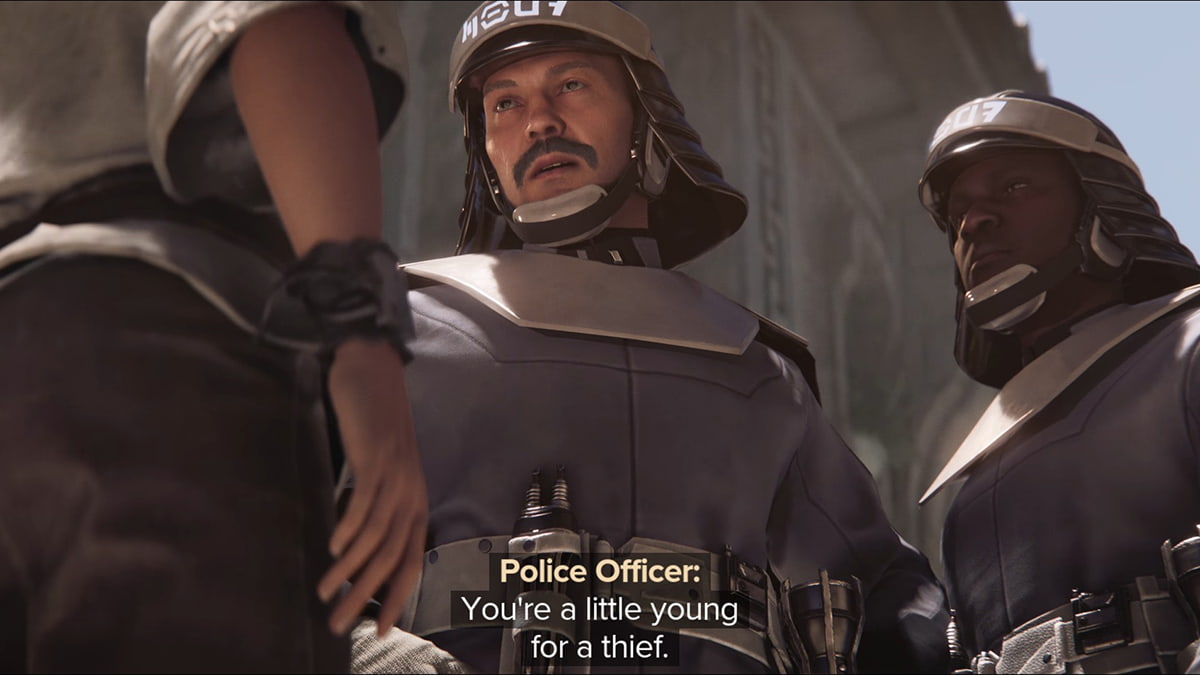Image of two police officers who caught a young thief Kay in Star Wars Outlaws.