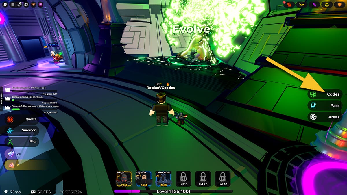 Image of the player in the lobby area of Star Wars Tower Defense on Roblox, with an arrow pointing at the Codes button.