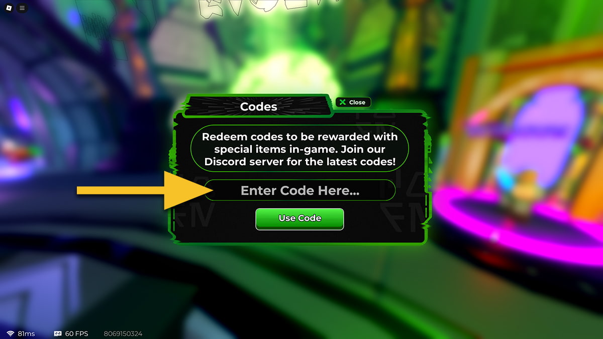 Image of the code redemption window in Star Wars Tower Defense on Roblox, with an arrow pointing at the text input box.