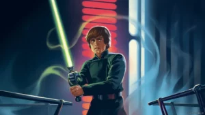 Illustration of a young man with a lightsaber ready for battle, backlit by a glowing red light from the Star Wars universe.