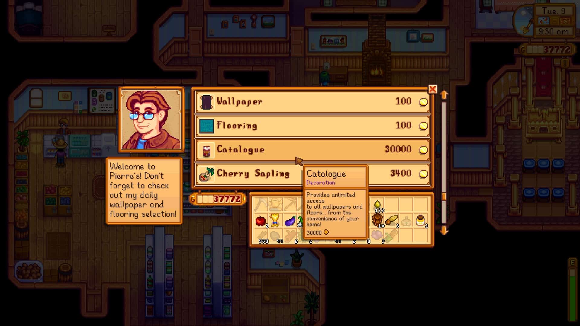 Stardew Valley cheats: Buying the Catalogue from Pierre's General Store.