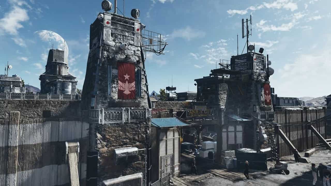 Starfield Akila City: An image of the outskirts of Akila City, one of Starfield's major cities.