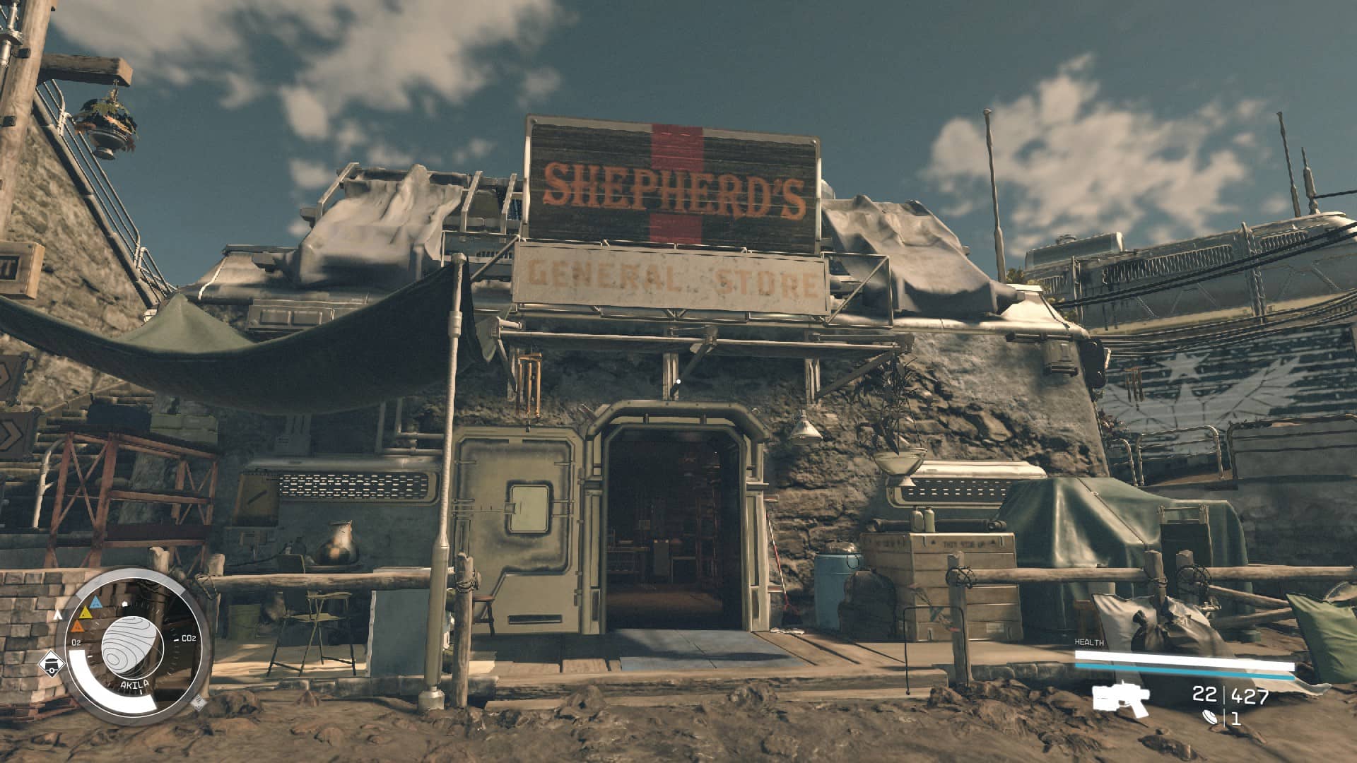 Starfield Akila City shops: The front of Shepherd's General Store in Akila City.