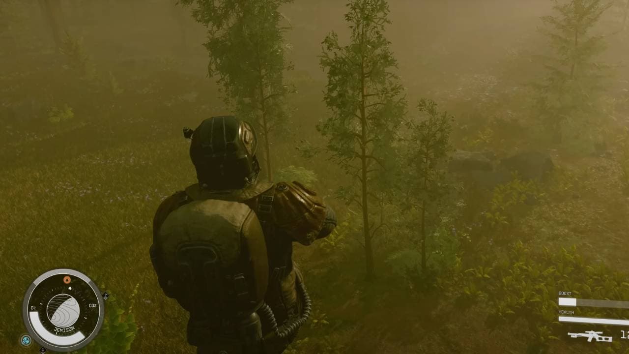Starfield AMD rewards: An explorer jumps around a grassy forest on Jemison.