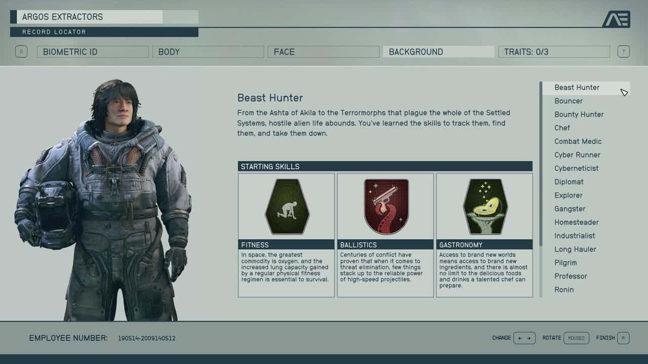 Starfield backgrounds: The Beast Hunter background in the character creation menu.